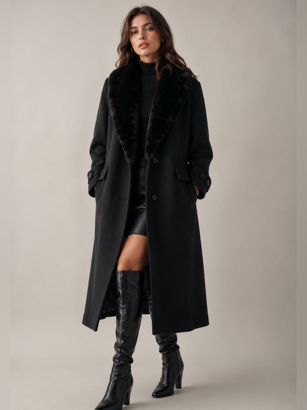 Vintage Faux Fur Collar by Forstina  Black Wool Maxi Coat Italy Union Label 70s